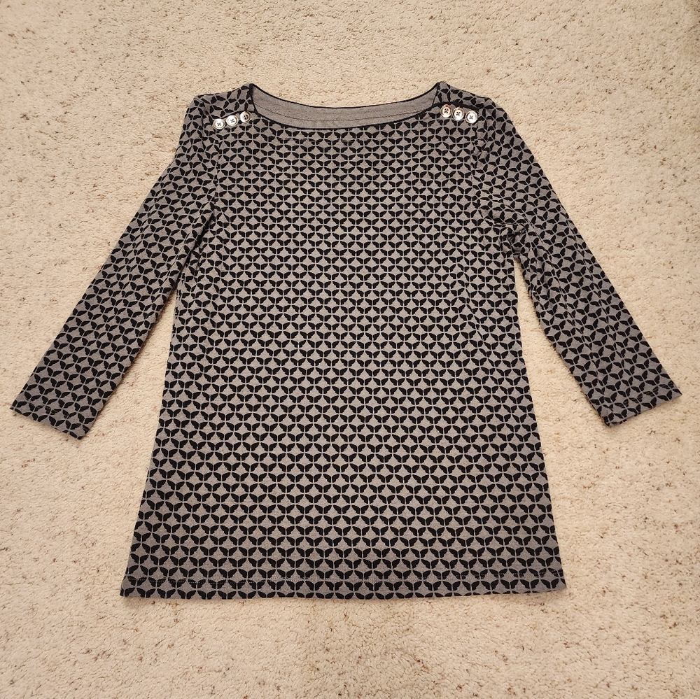 Black and Gray Patterned Top with Button Accents